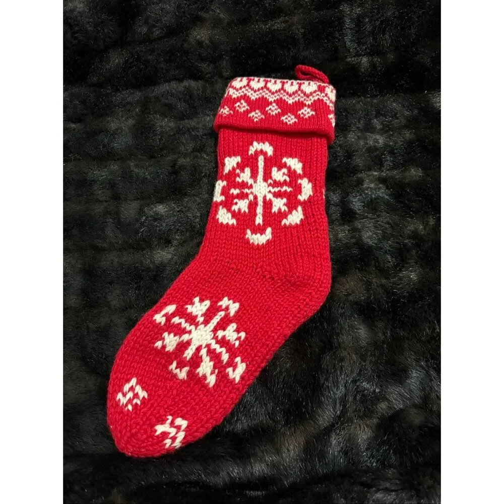 Crate & Barrel Red Sweater Knit Hand Knit White Snowflake Christmas Stocking